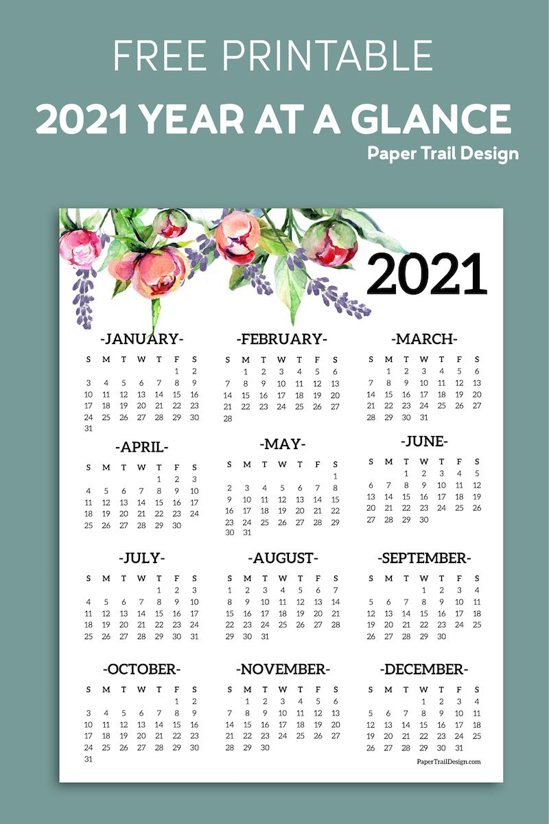 Free Printable 2021 One Page Floral Calendar | Paper Trail