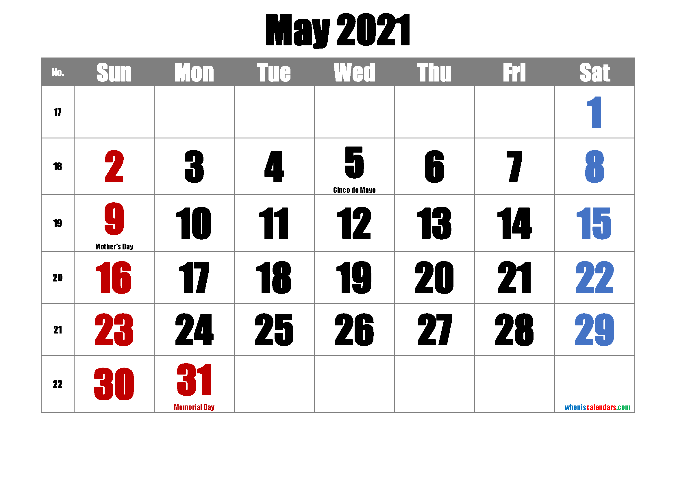 Free Printable May 2021 Calendar