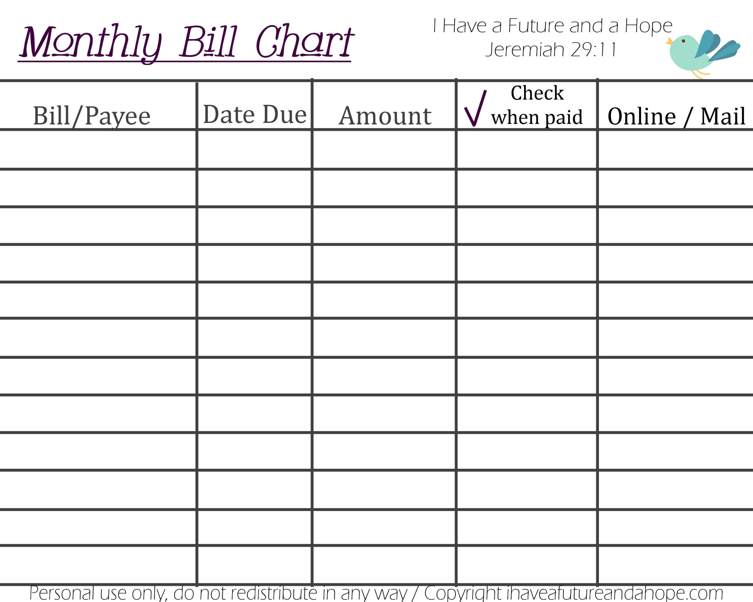 Free Printable Monthly Household Bills Due Form - Template
