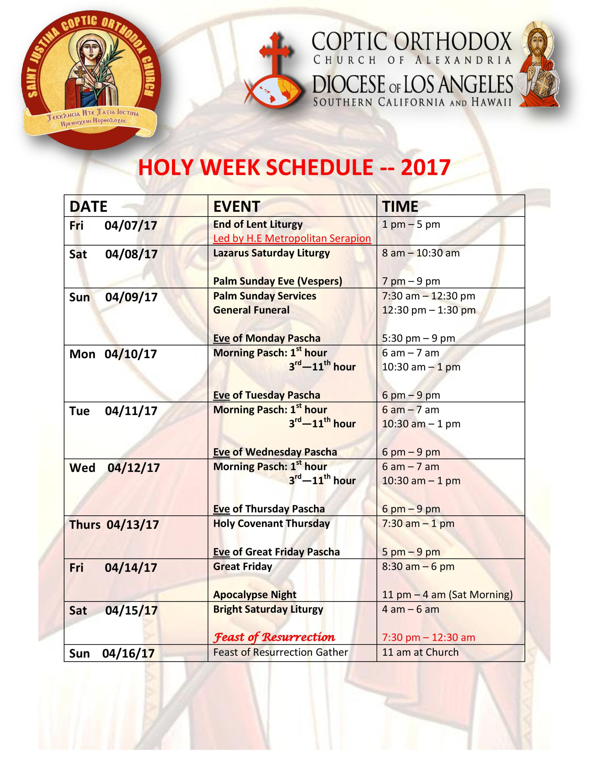 Holy Week Schedule 2017 - St Justina Coptic Orthodox Church