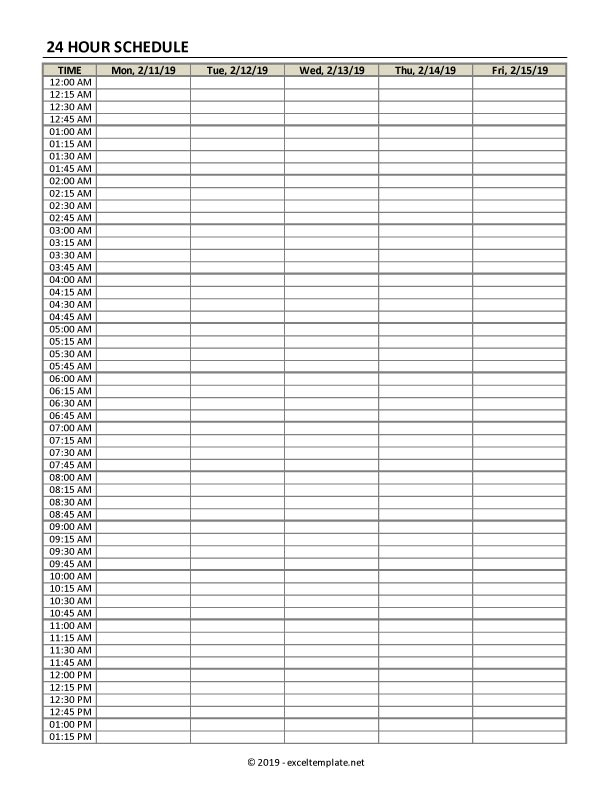 Hourly Schedule Template In 15/30 Minute Intervals