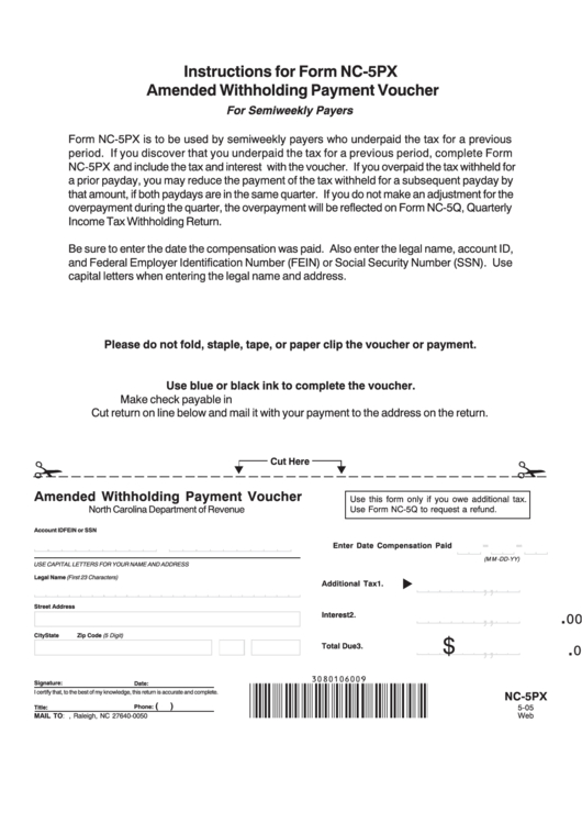 Instructions For Form Nc-5Px Amended Withholding Payment