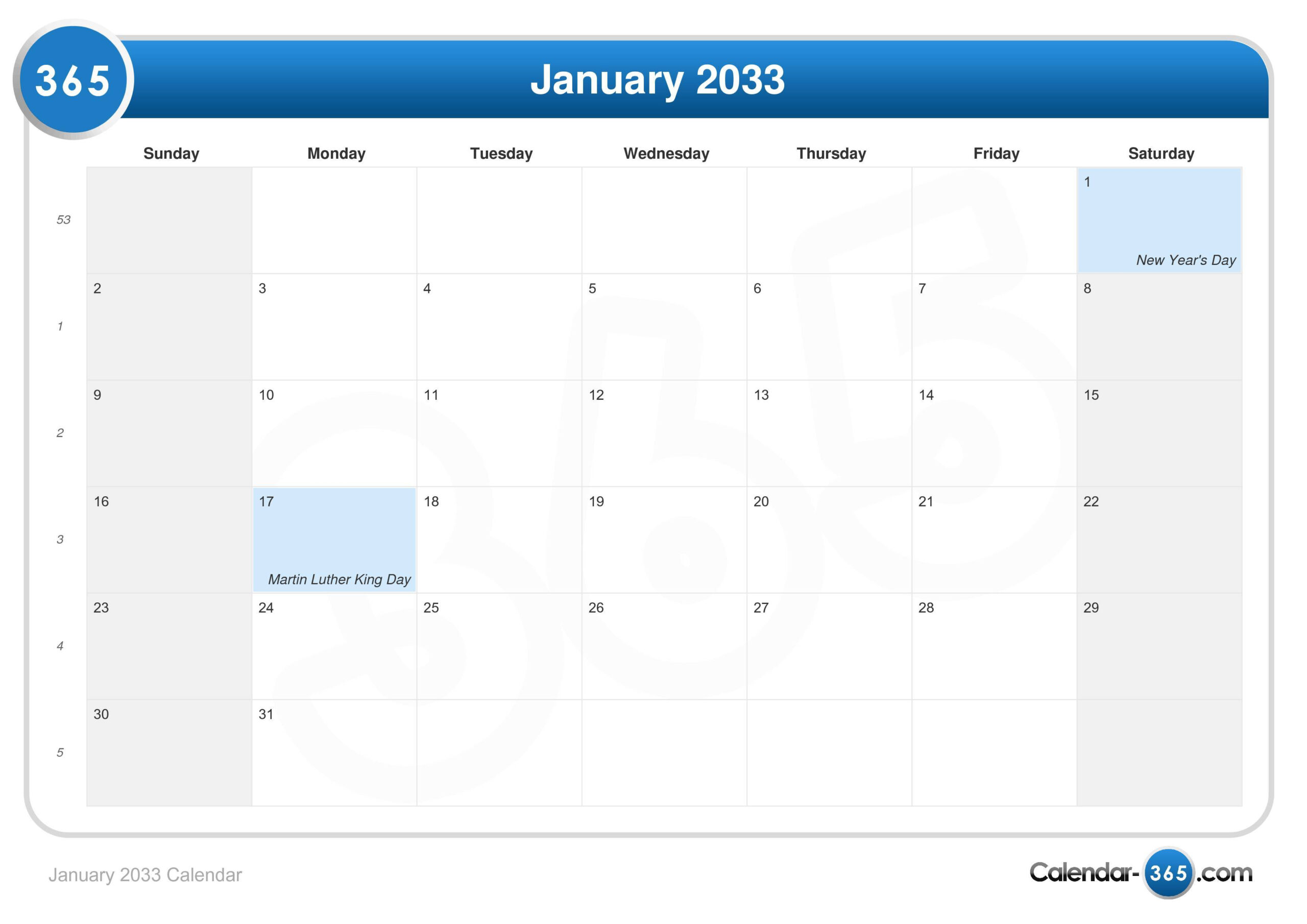 January 2033 Calendar