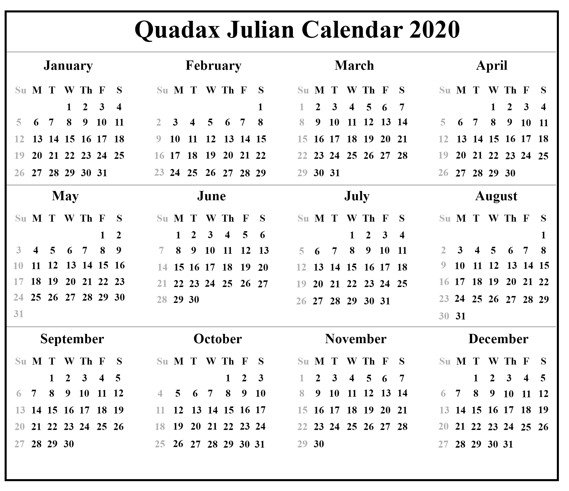 Julian Calendar 2020 | Calendar Template 2020