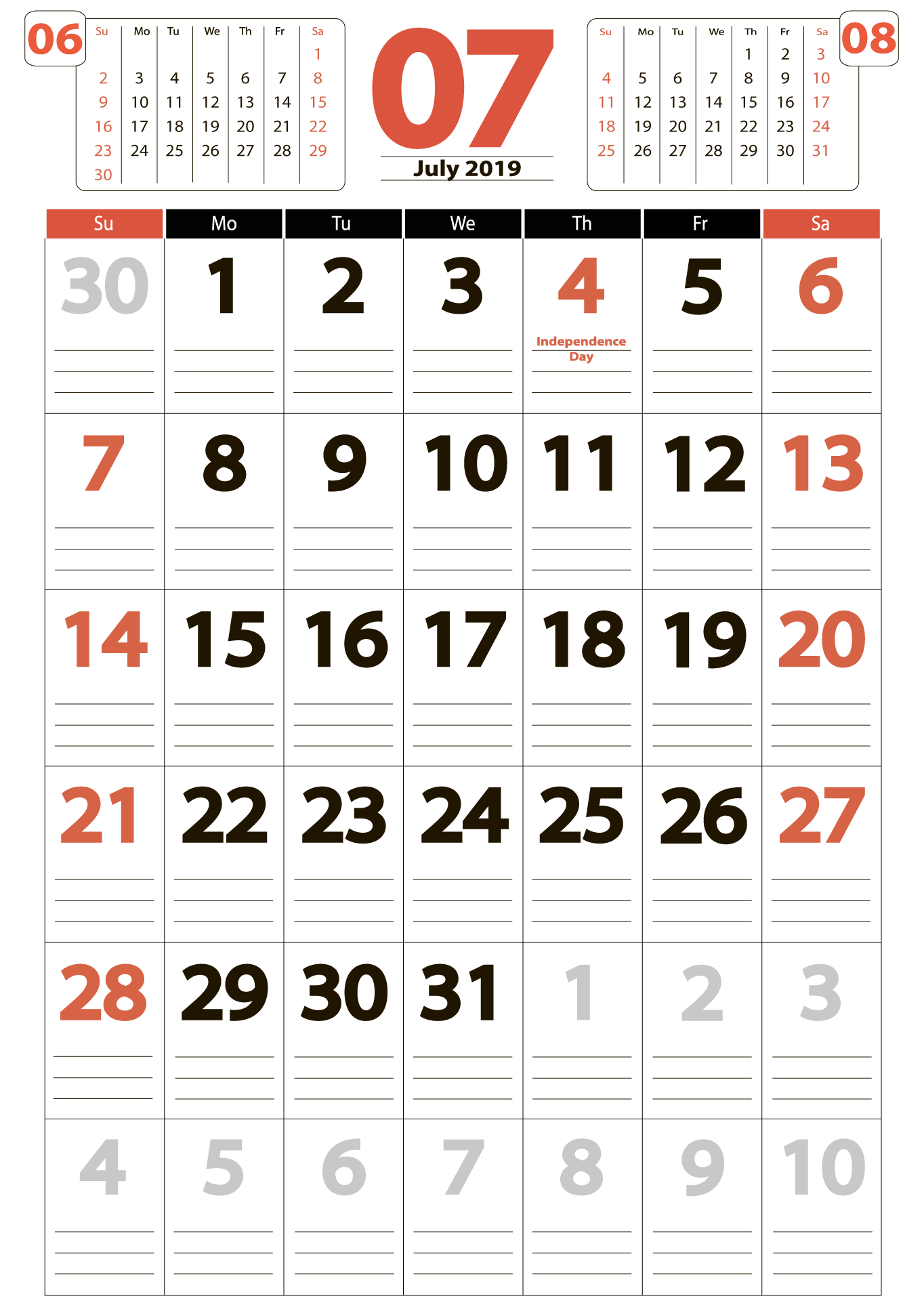 July 2019 Calendar With The Us Holidays
