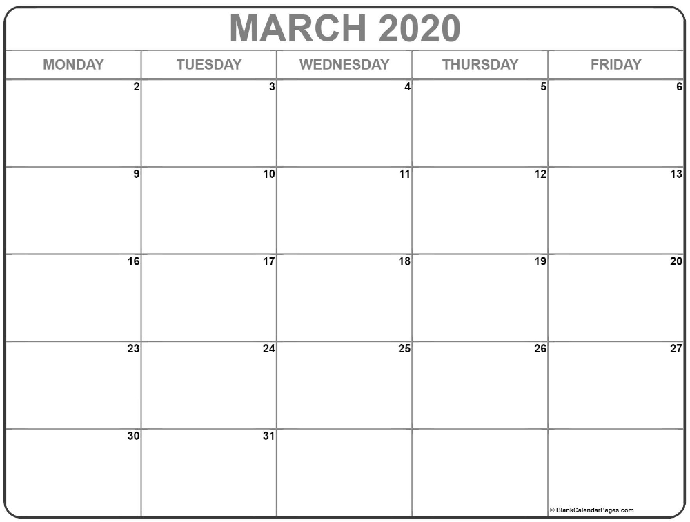 March 2020 Monday Calendar | Monday To Friday In 2020