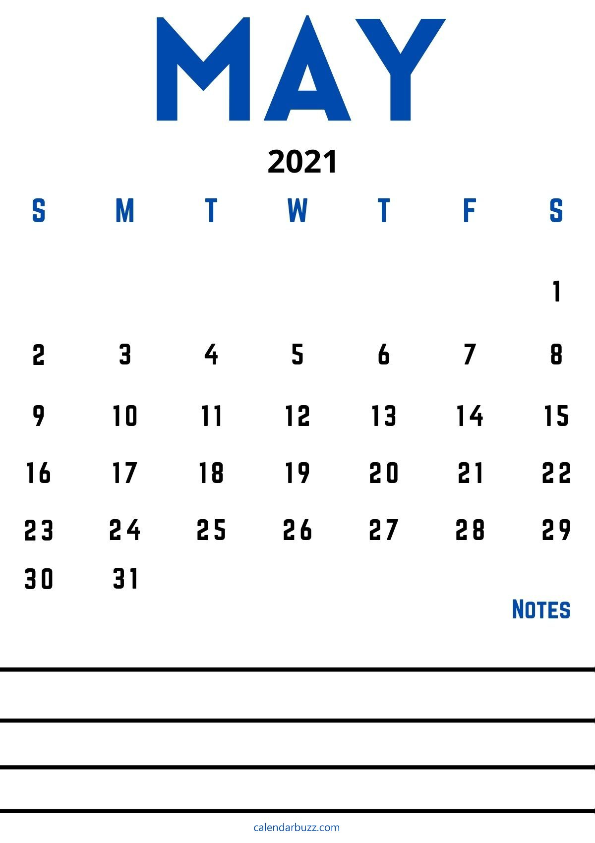 May 2021 Calendar With Space For Notes Free Download