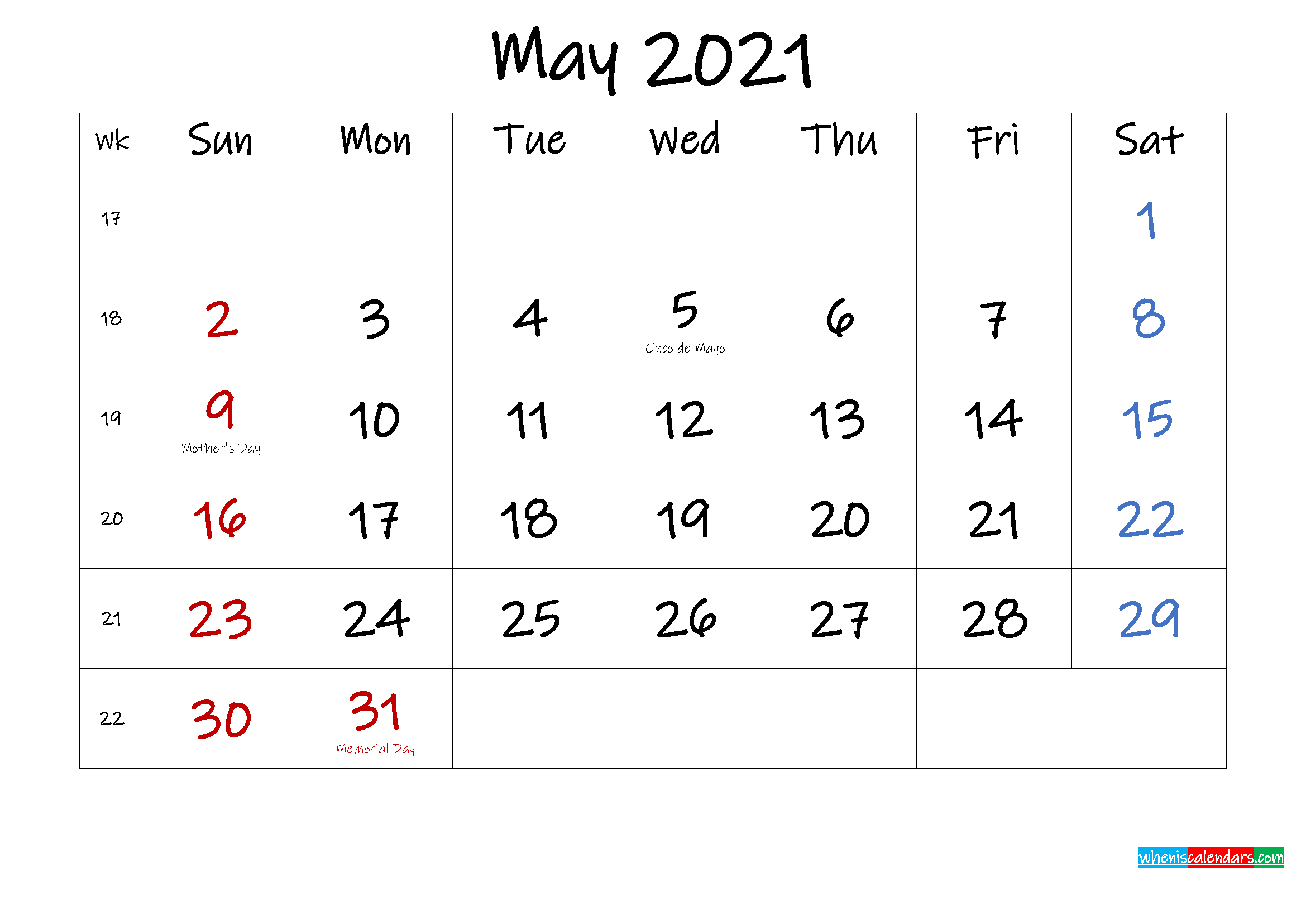 May 2021 Free Printable Calendar With Holidays - Template