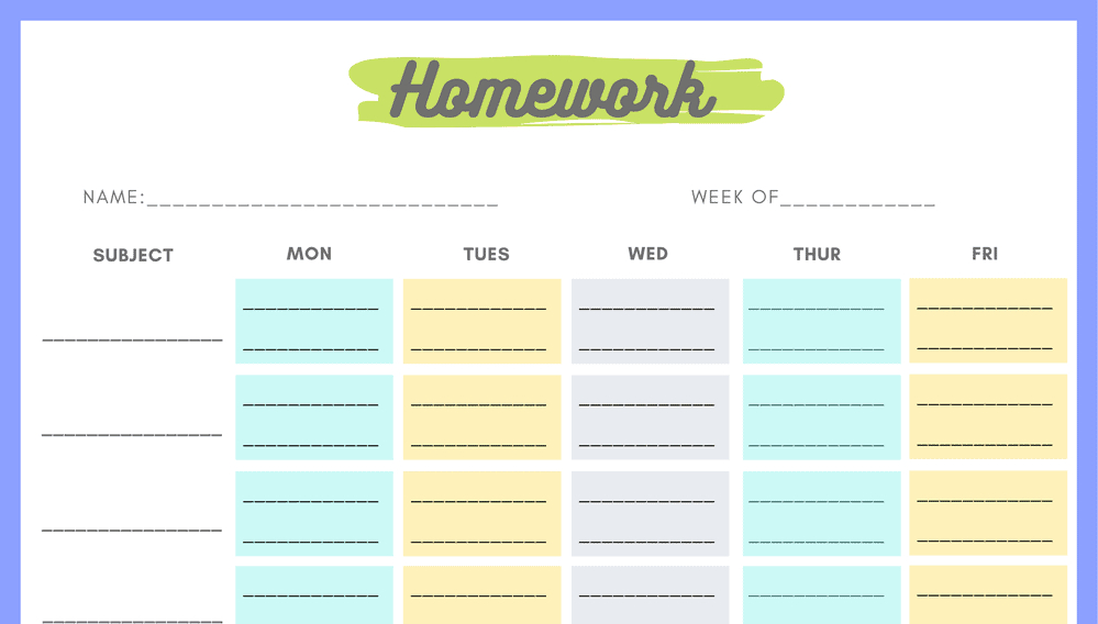 Monday To Friday Homework Chart (Fillable) - Acn Latitudes