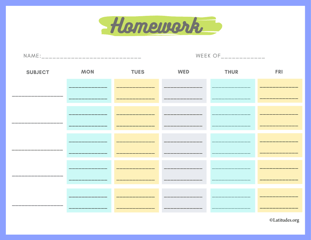 Monday To Friday Homework Chart (Fillable) - Acn Latitudes