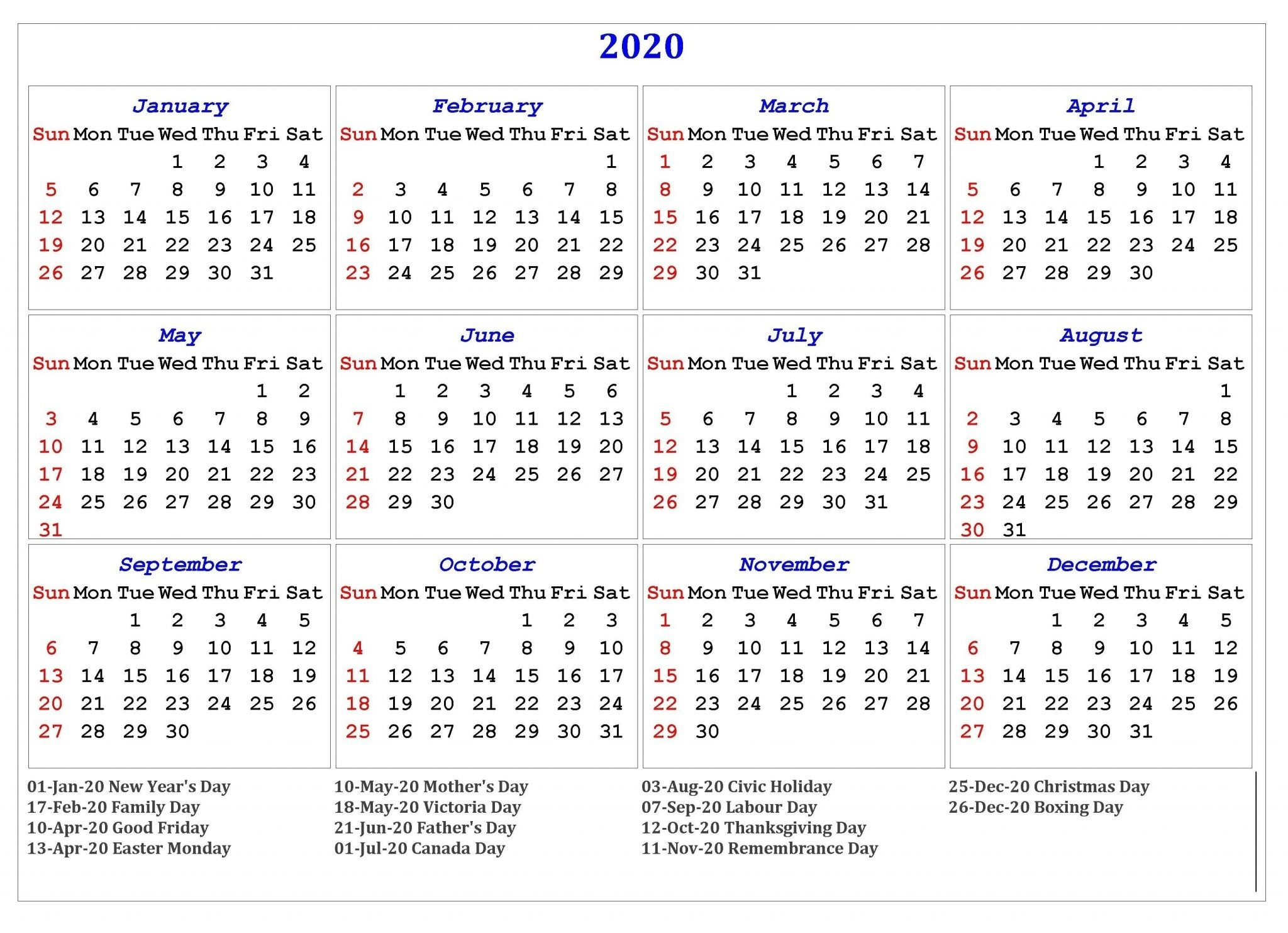 Monday To Sunday Blank Calendar 2020 With Holidays