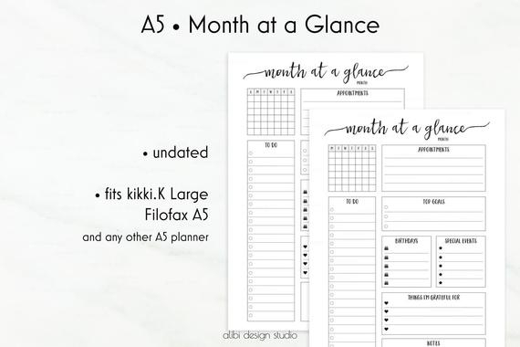 Month At A Glance A5 Planner Inserts Monthly Planner