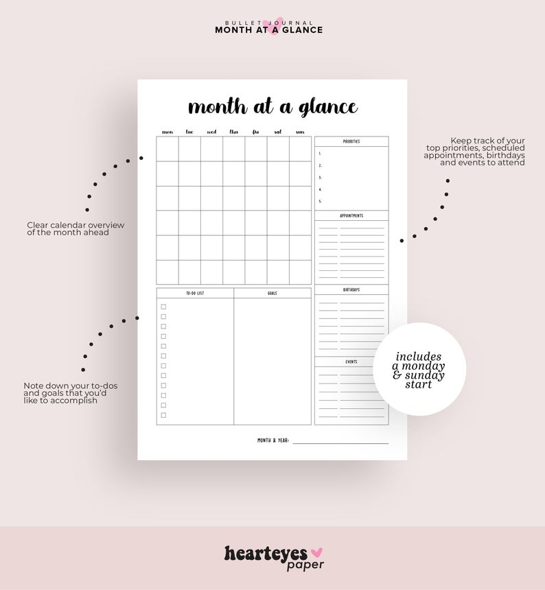 Month At A Glance Printable Bullet Journal Printable