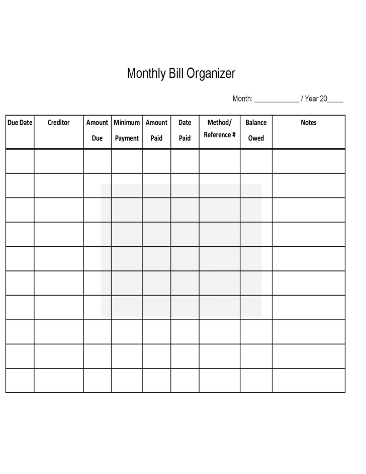 Monthly Bill Organizer Chart Free Download