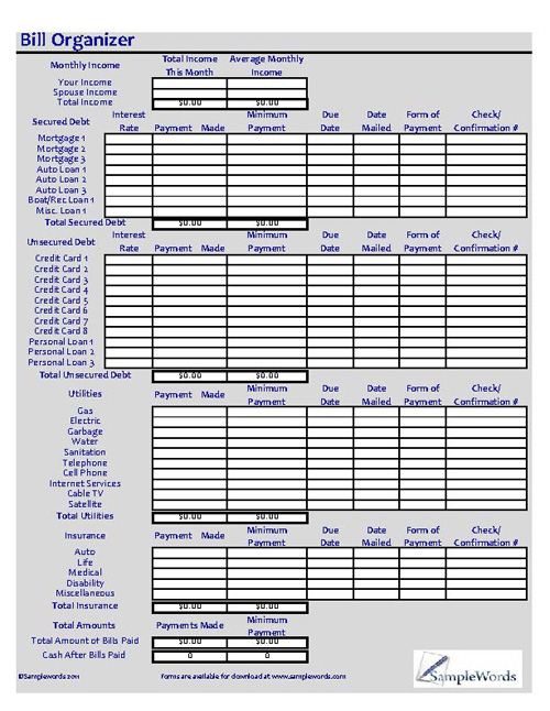 Monthly Bill Organizer - Excel Xls