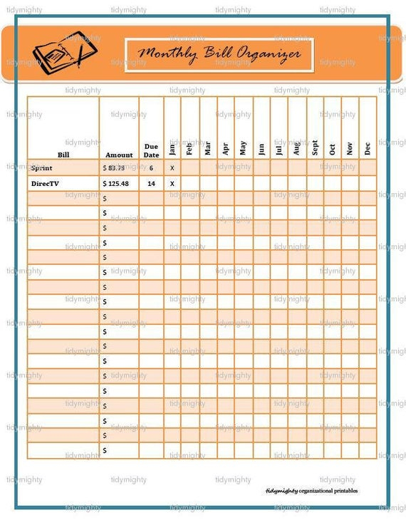 Monthly Bill Organizer / Tracker Printable Pdf Instant