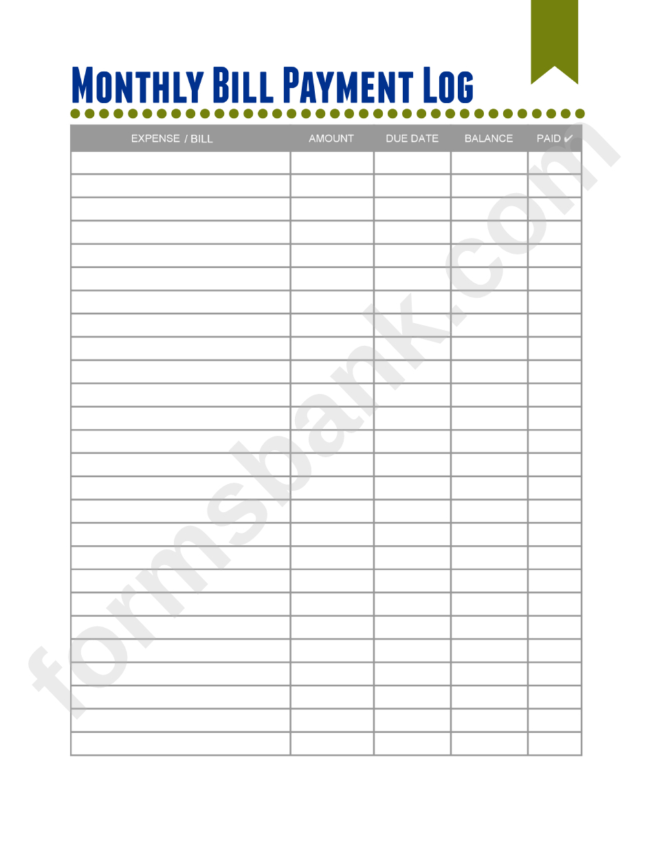 Monthly Bill Payment Log Printable Pdf Download