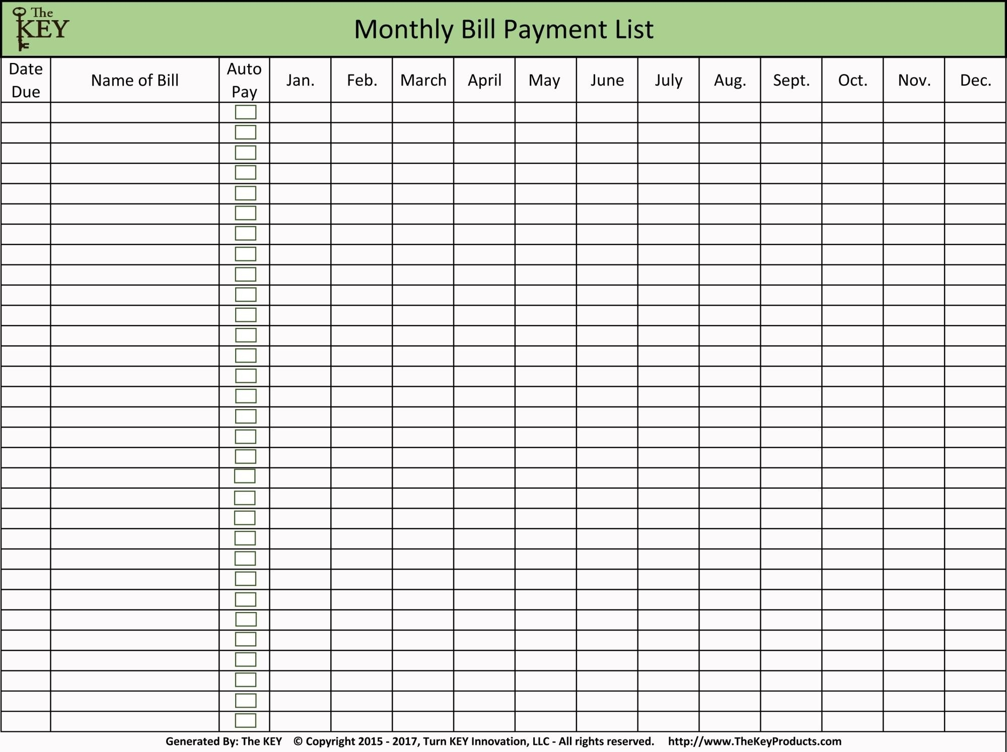 Monthly Bills List Printable | Calendar Template Printable