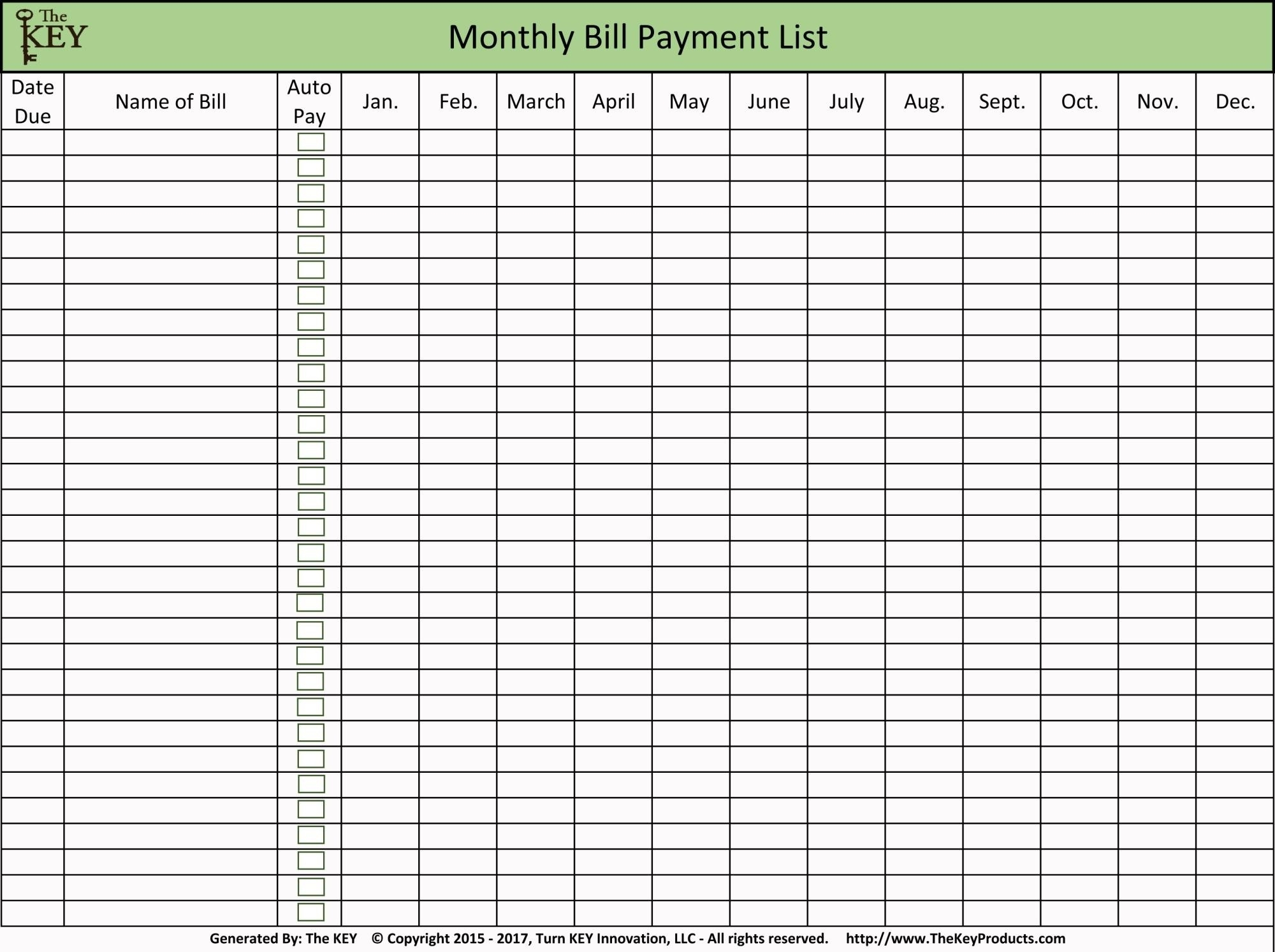 Printable Bill Schedule Monthly