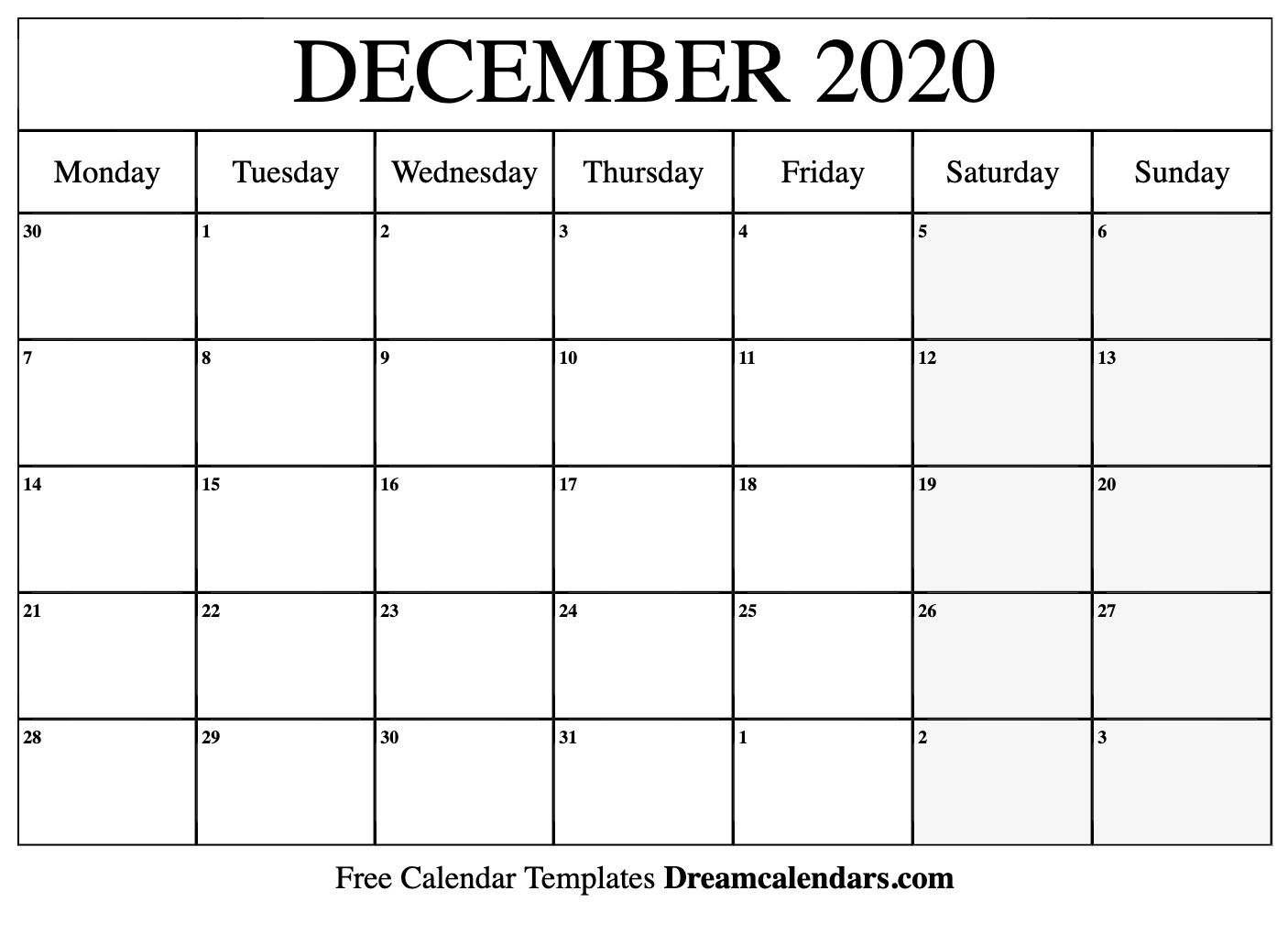 Monthly Calendar Template 2020 Printable Blank Starting