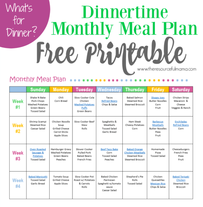 Monthly Meal Plan For Dinner {Free Printable} | Monthly