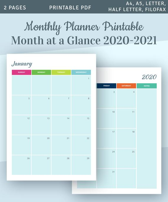Monthly Planner Printable Month At A Glance 2020 Calendar