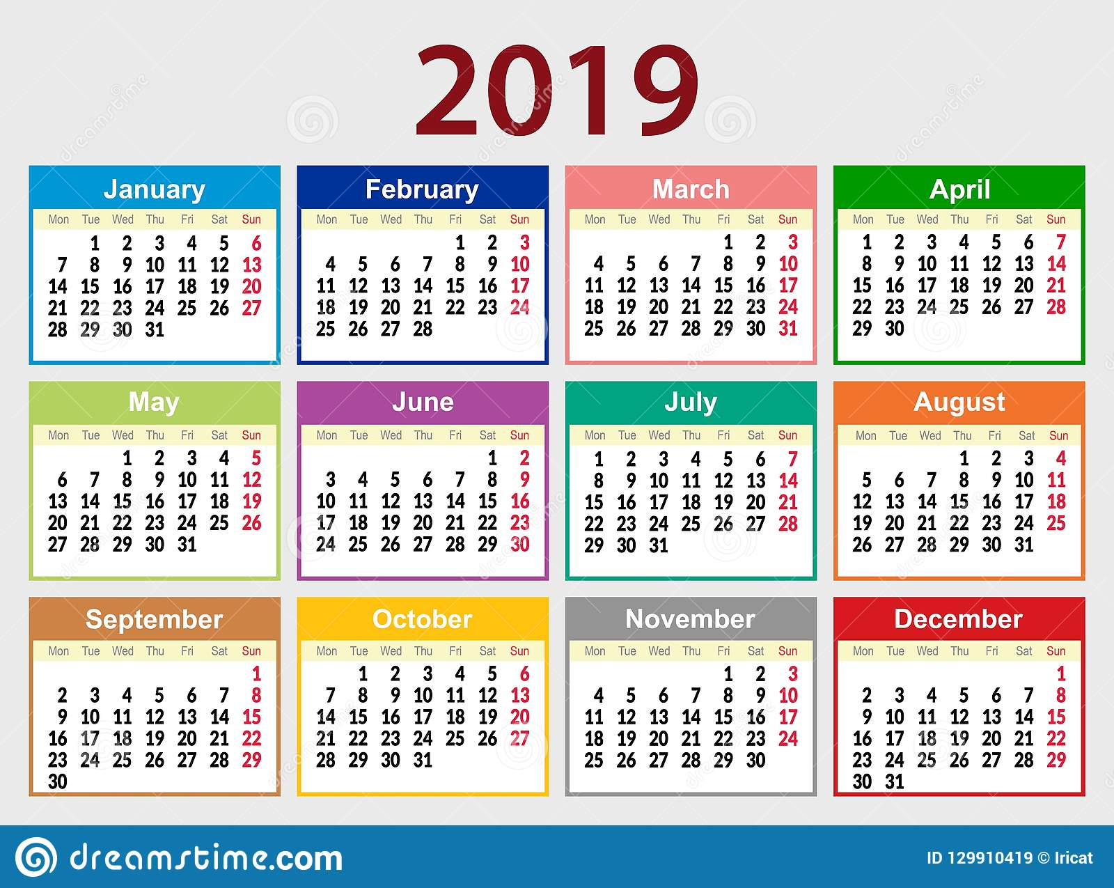 Multicolored Calendar Grid For 2019 In English. The Week