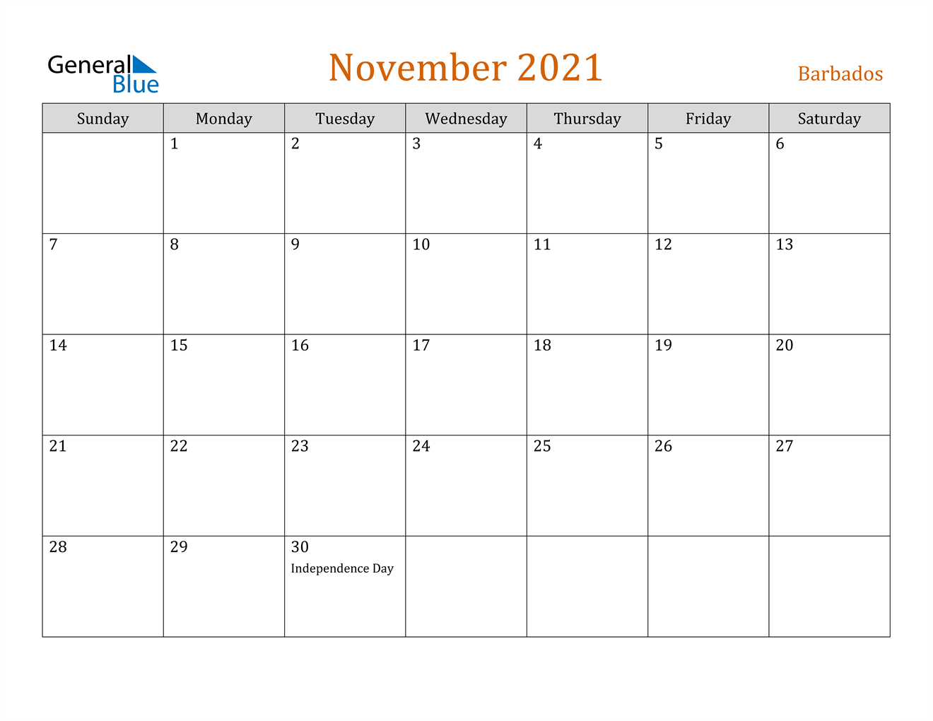 November 2021 Calendar - Barbados