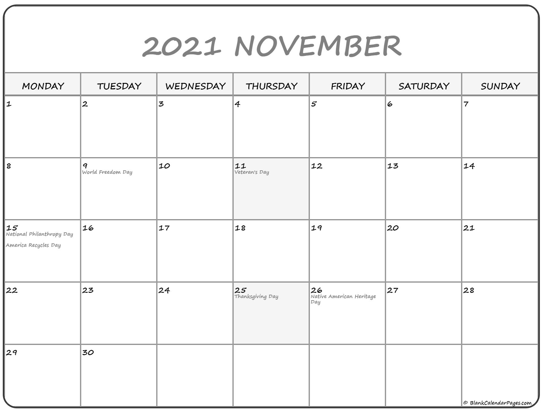 November 2021 Monday Calendar Monday To Sunday - Calendar