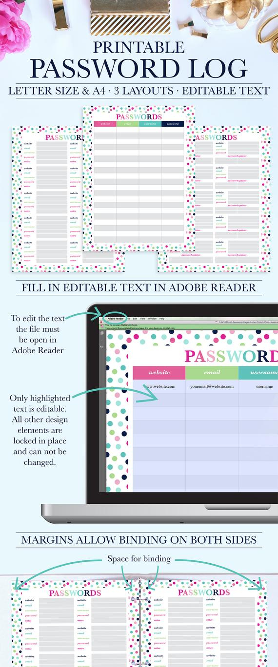 Password Organizer Password Keeper Printable Password Log