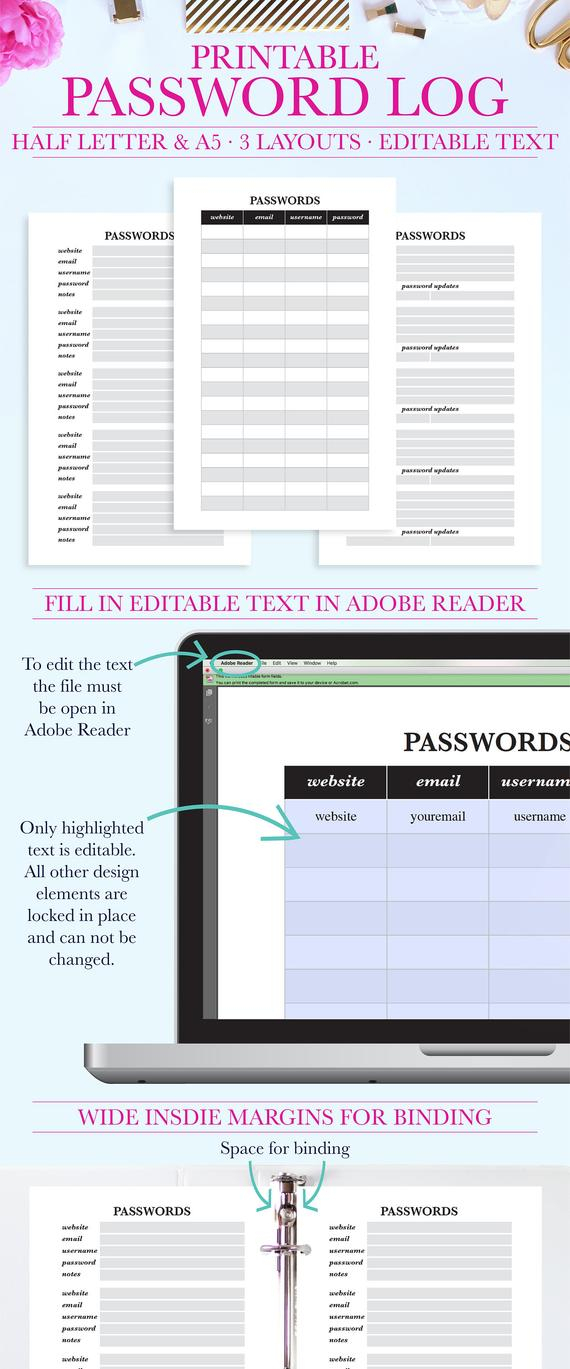 Password Organizer Password Keeper Printable Password Log