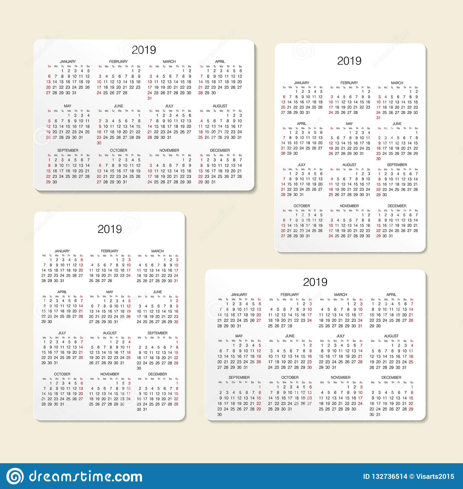 Pocket Calendar. 2019 Calendar. Vector Print Template