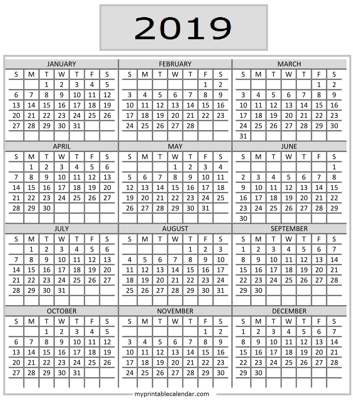 Pocket Calendar 2019 Printable | Calendar 2019 Printable