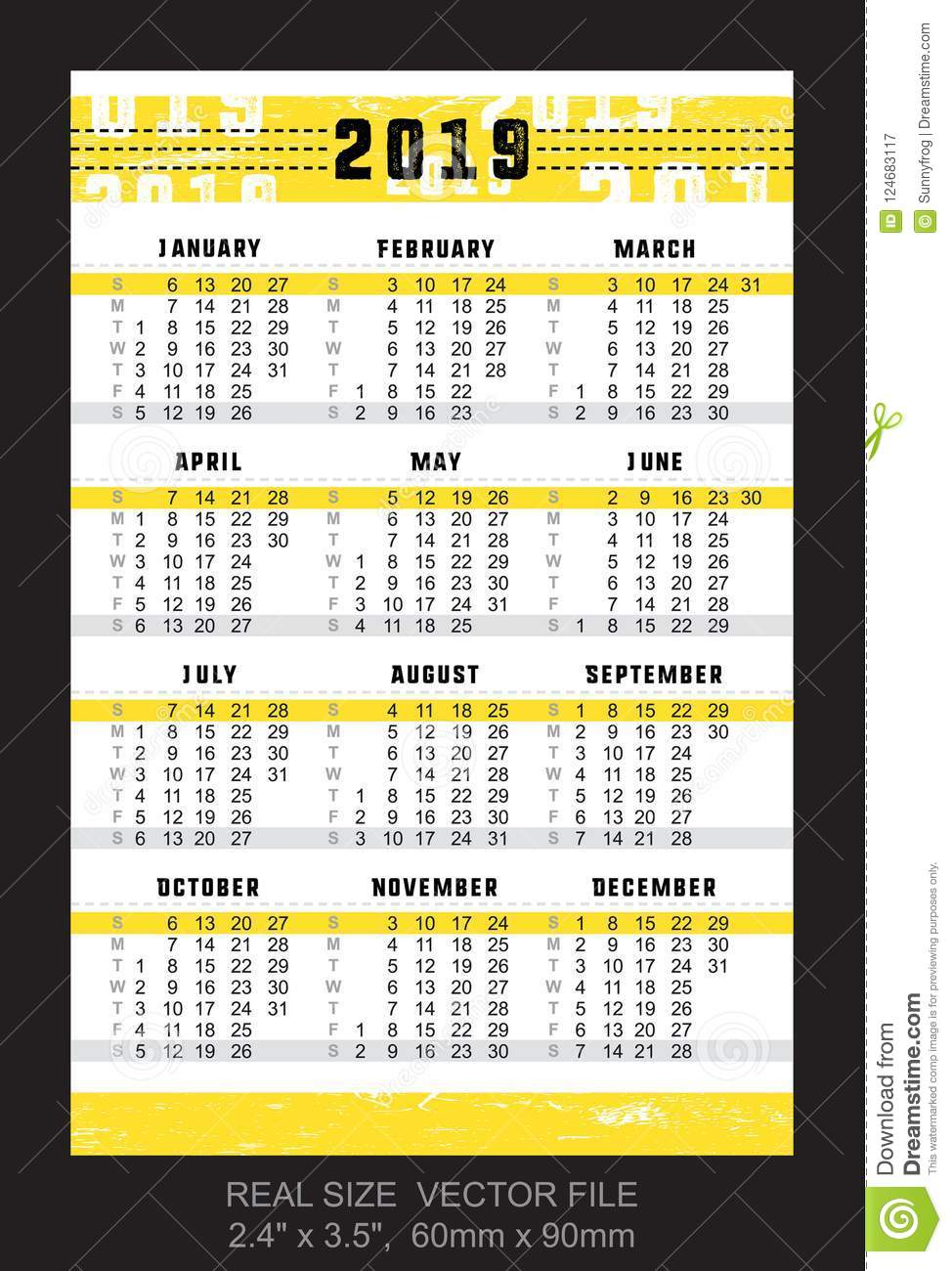 Pocket Calendar 2019, Start On Sunday, Vector Stock Vector