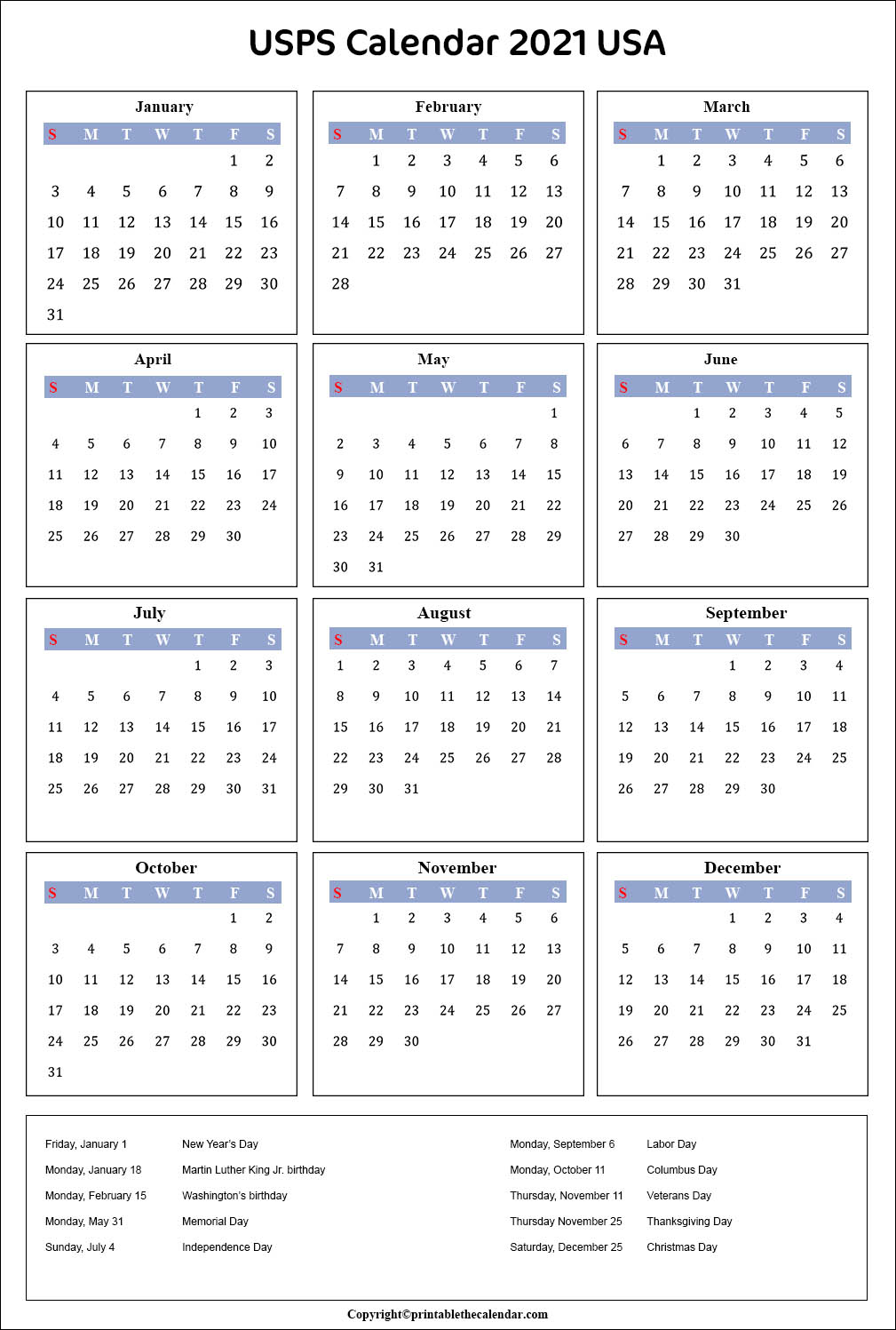 Posatal Awrvice Calendar 2021 | 2021 Calendar