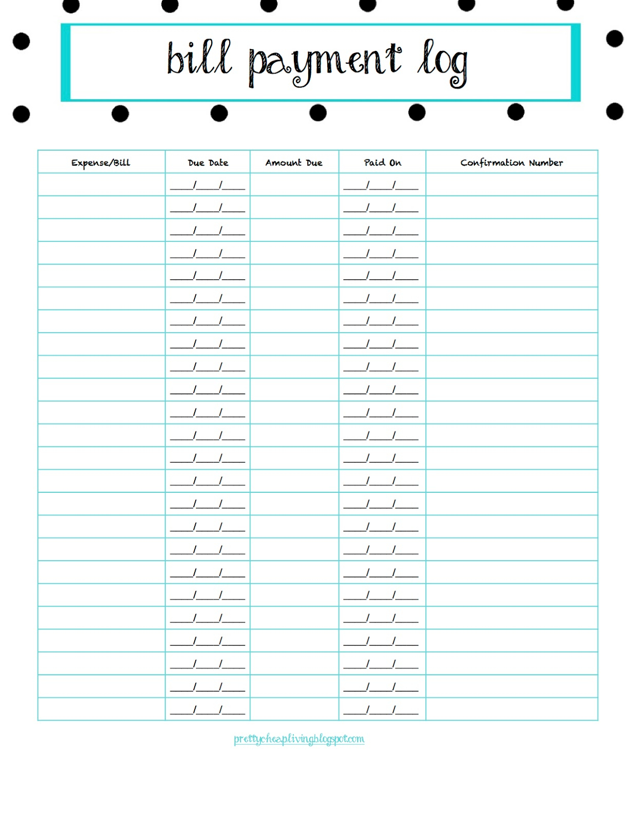 Pretty Cheap Living : Bill Payment Log Free Printable