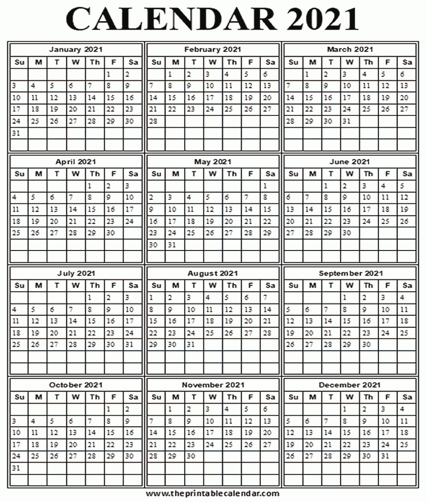 Printable 2021 Calendar - One Page 12 Month Calendar