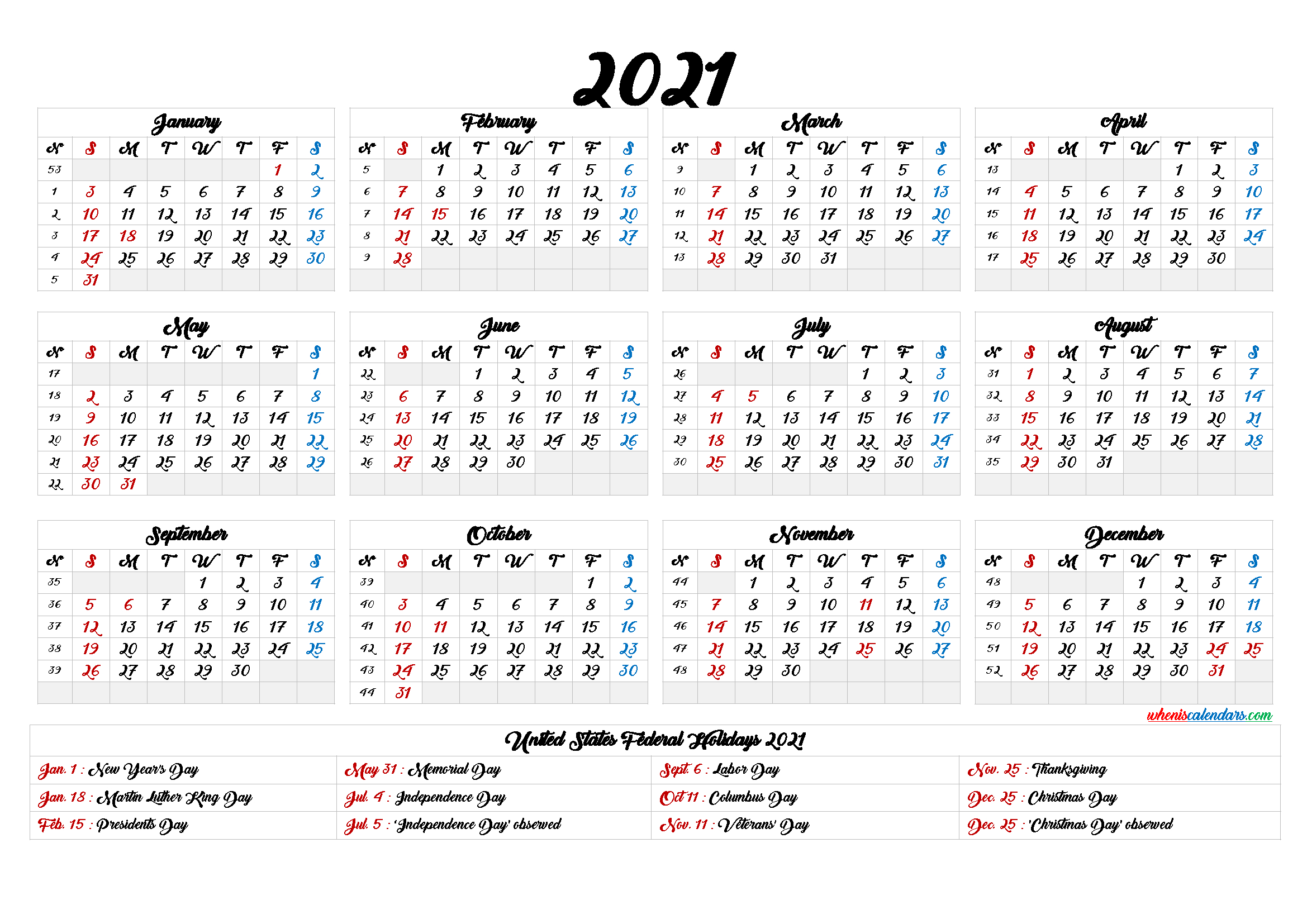 Printable 2021 Calendar One Page - 9 Templates