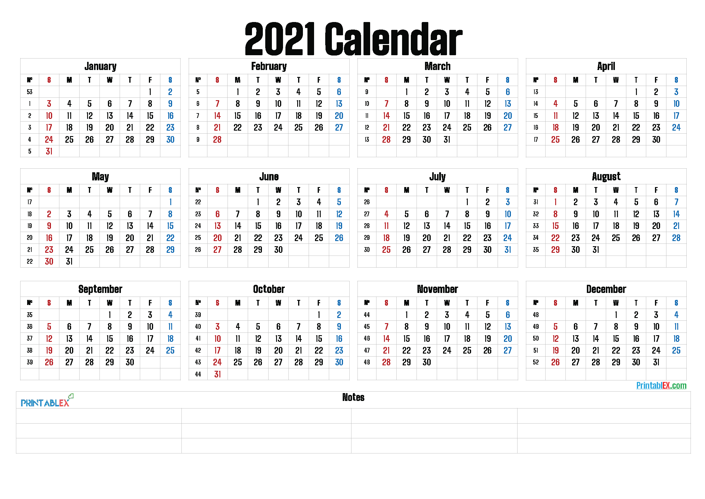 Printable 2021 Yearly Calendar - 21Ytw160 - Free Printable
