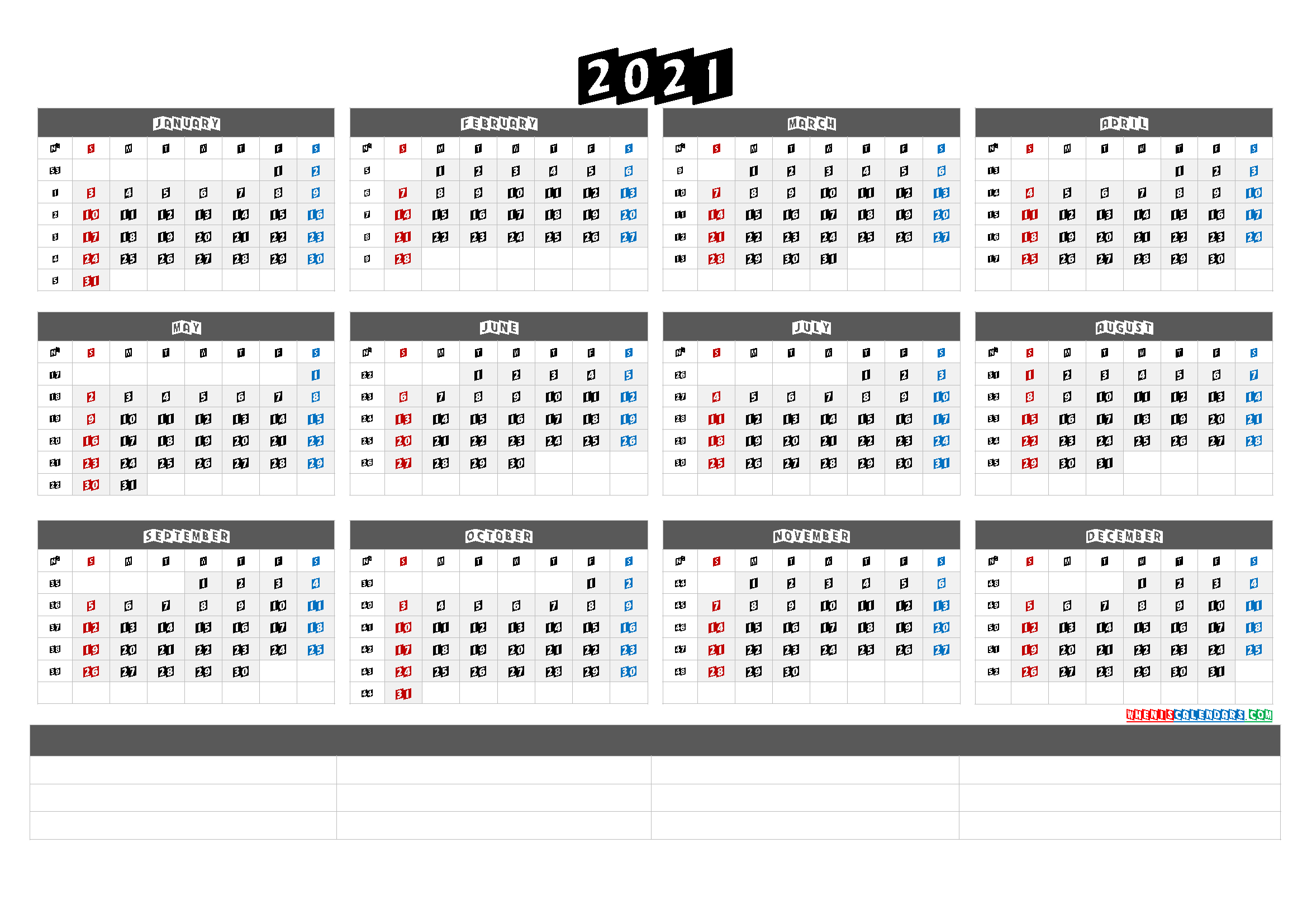 Printable 2021 Yearly Calendar With Week Numbers - Calendraex