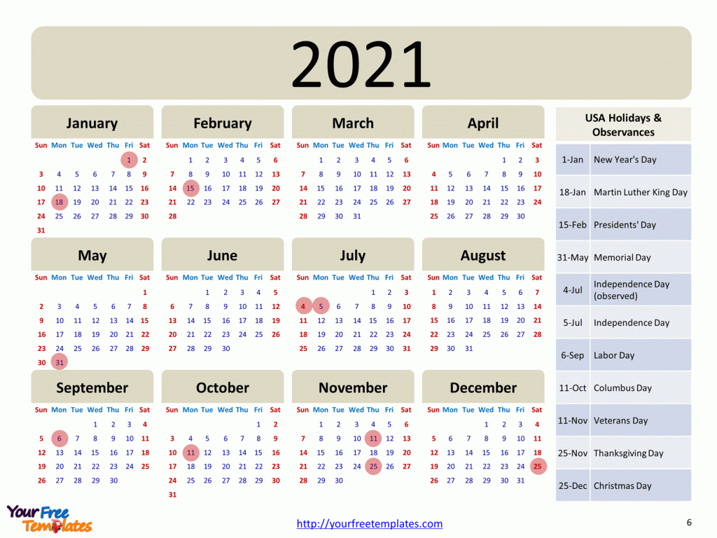 Printable Calendar 2021 Template - Free Powerpoint Templates