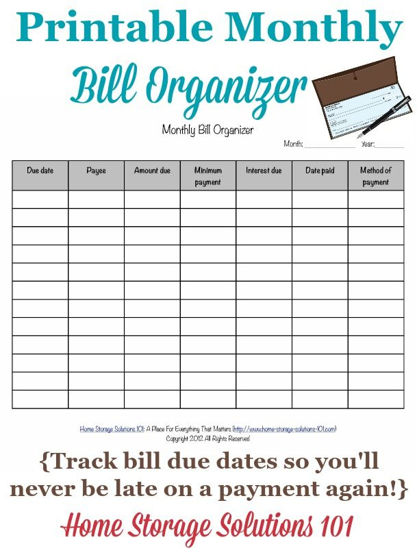 Printable Monthly Bill Organizer To Make Sure You Pay