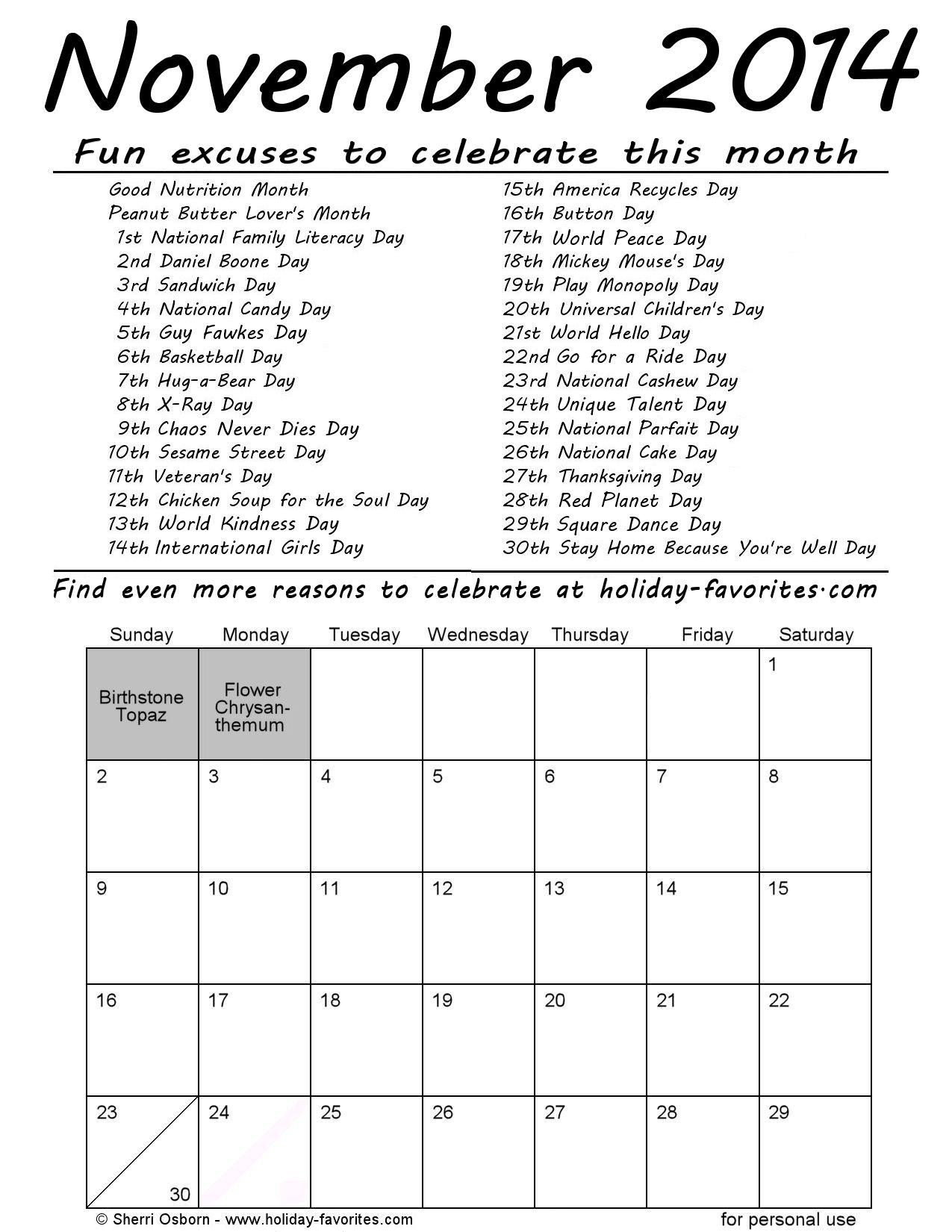 Calendar For Special Days