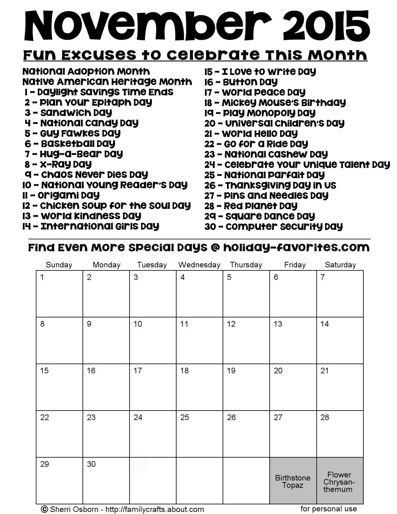 Printable November Calendars | Holiday Favorites