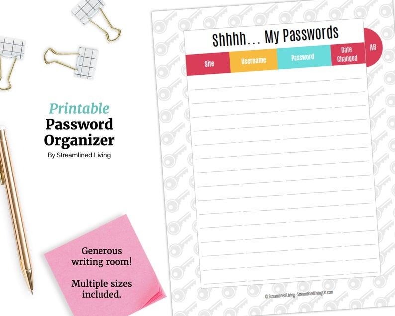 Printable Password Book And Organizer. Planner Page Insert
