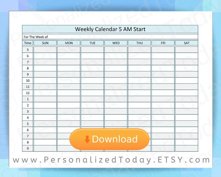 Printable Weekly Planner 5 Am Start Hourly Ending With 9