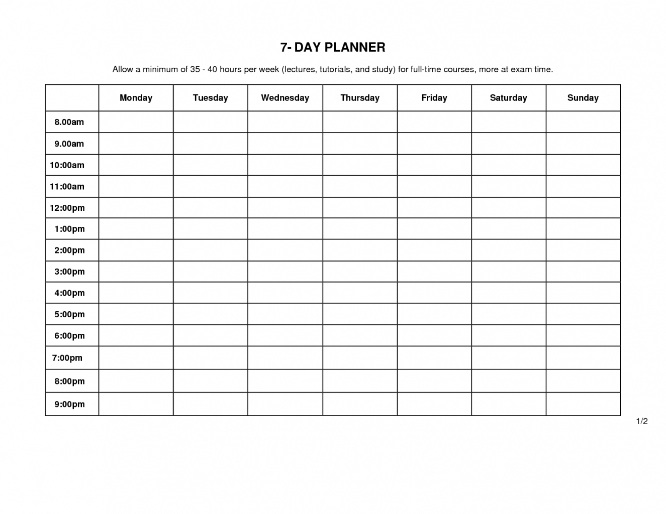 Printable 7 Day Schedule Template That Starts With Saturday