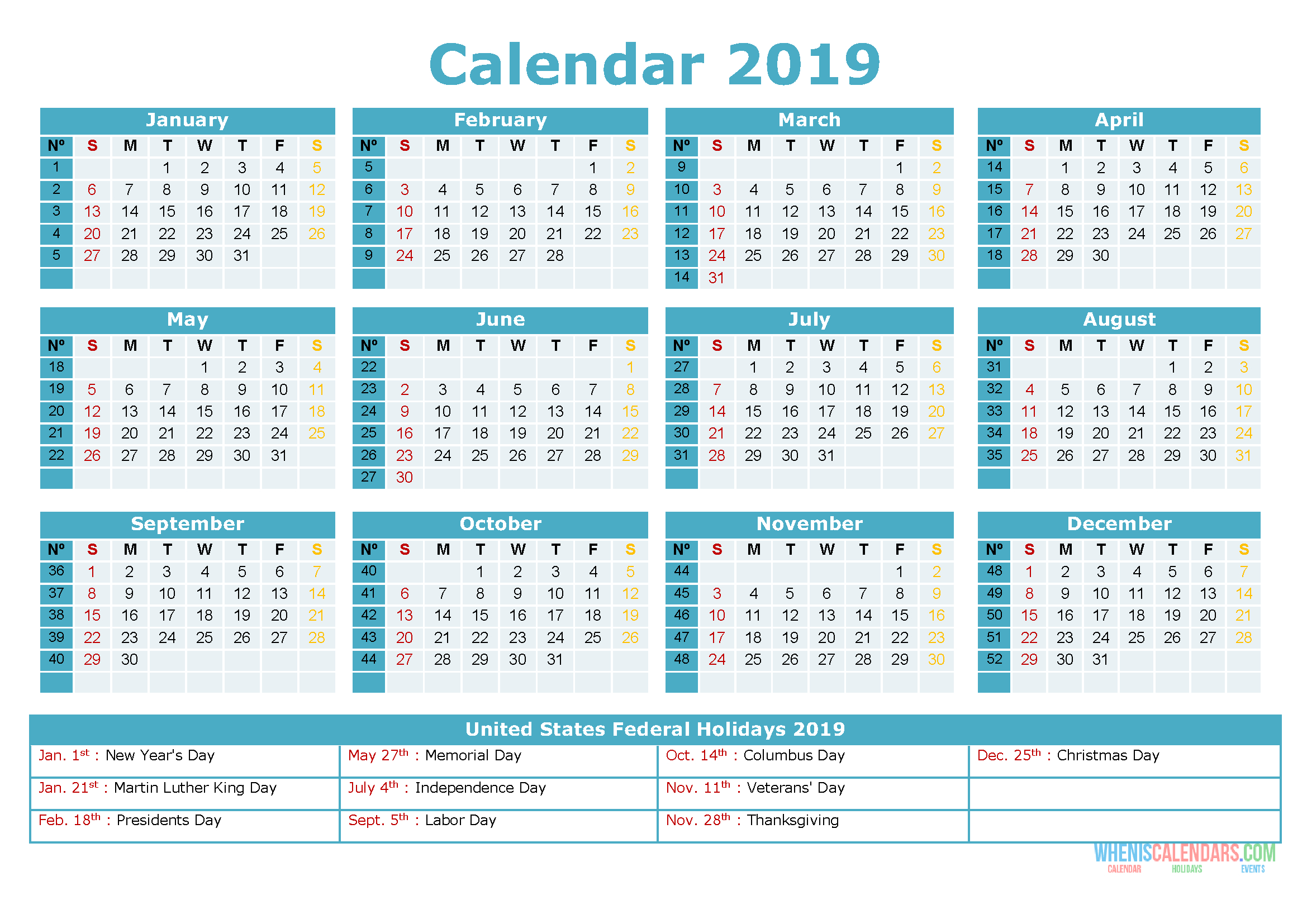 Printable Yearly Calendar 2019 With Holidays As Pdf And