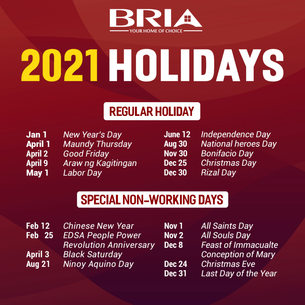 The 2021 Philippine Holiday | Affordable House And Lot | Bria Homes