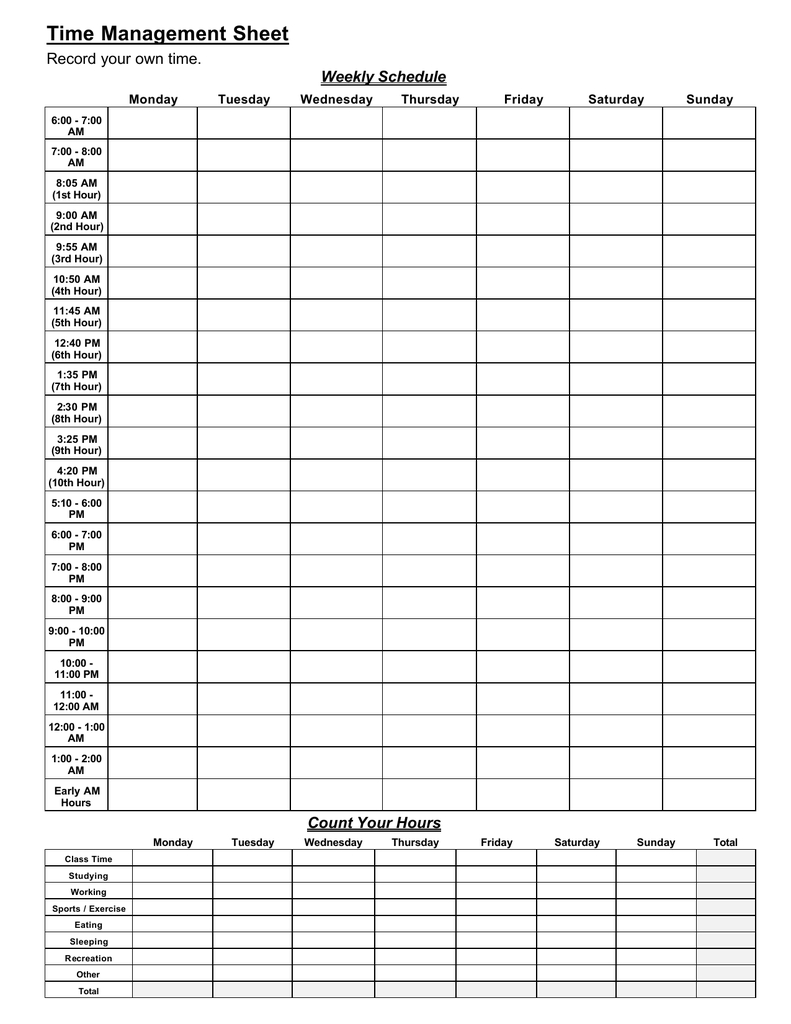 Time Management Sheet Weekly Schedule Count Your Hours